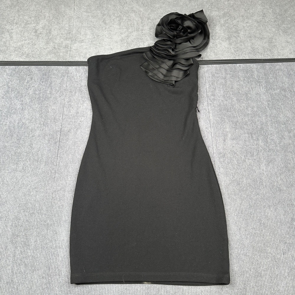 XXI‎ Forever 21 Black One Shoulder Rosette Bodycon Mini Dress Small LBD Cocktail